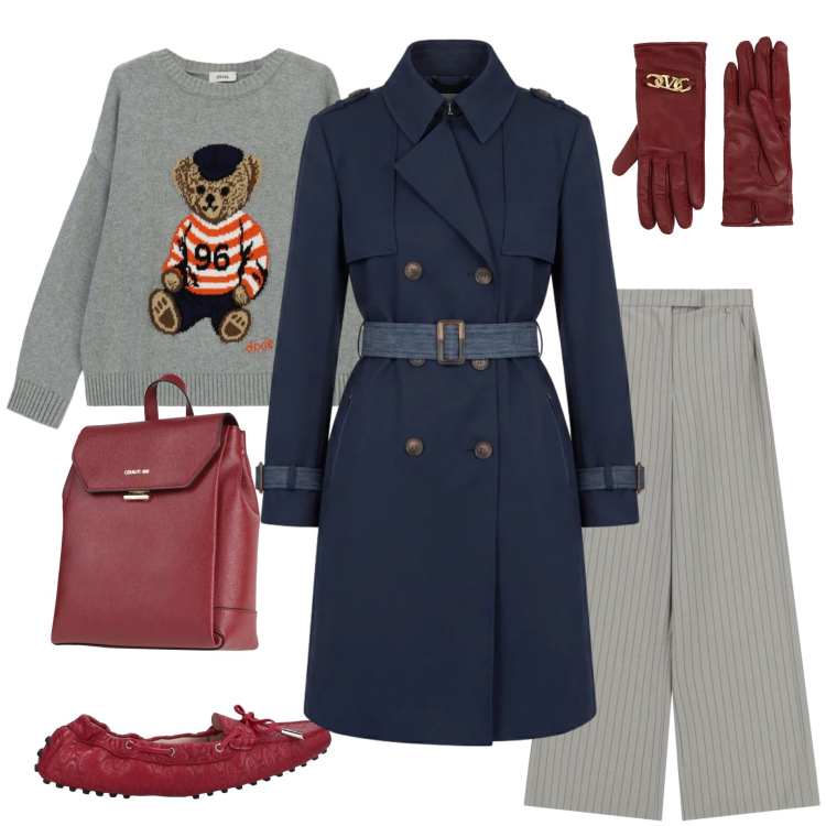 Outfit donna - Qualcosa di rosso. Stile Casual chic per Tutti i giorni. Abbinamento con zaini, guanti, mocassini, trench, pantaloni a palazzo, maglieria.