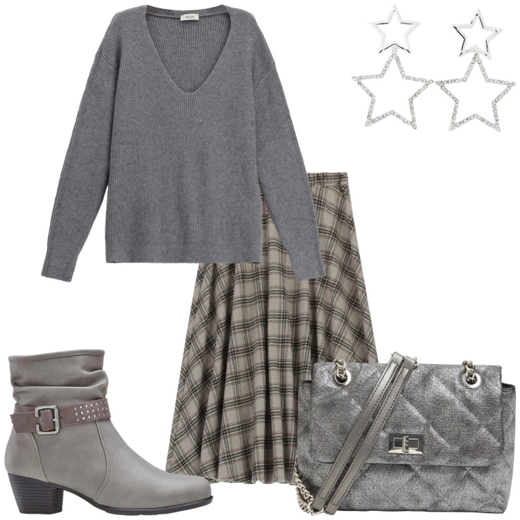 Outfit donna - Gonna midi. Stile Trendy per Tutti i giorni. Abbinamento con stivaletti, orecchini, borse a tracolla, maglieria, gonne longuette.