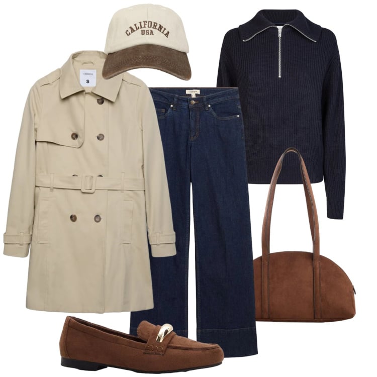 Outfit donna - Nuovi mocassini must have. Stile Urban per Tutti i giorni. Abbinamento con jeans, mocassini, borse a tracolla, trench, cappelli con visiera, maglieria.
