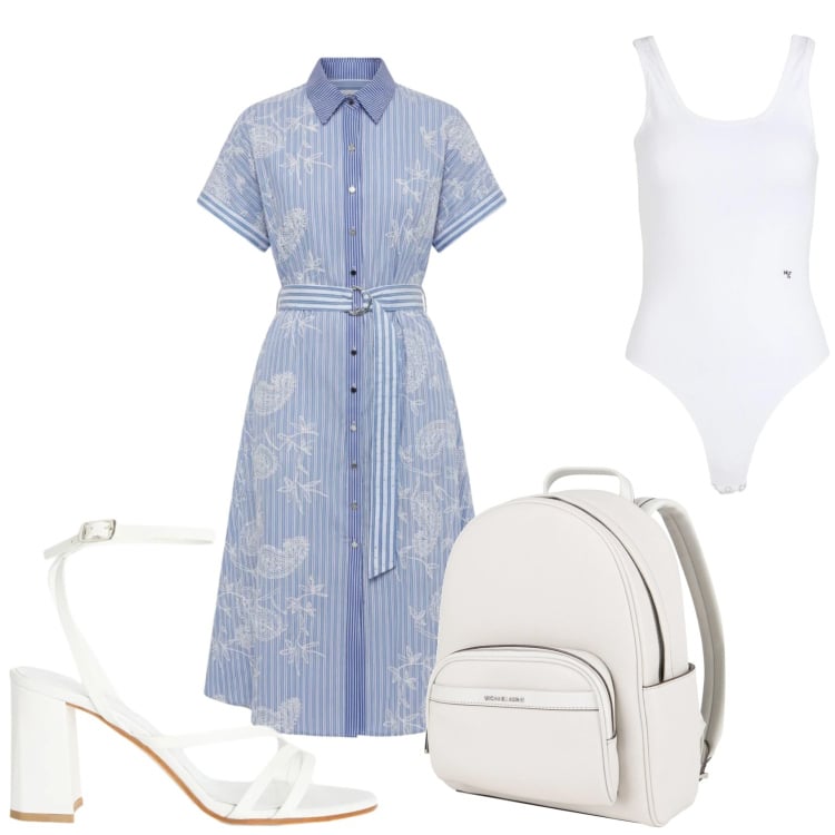 Outfit donna - Vestito di mamma. Stile Bon Ton per Tutti i giorni. Abbinamento con body, zaini, sandali in pelle, vestiti chemisier.