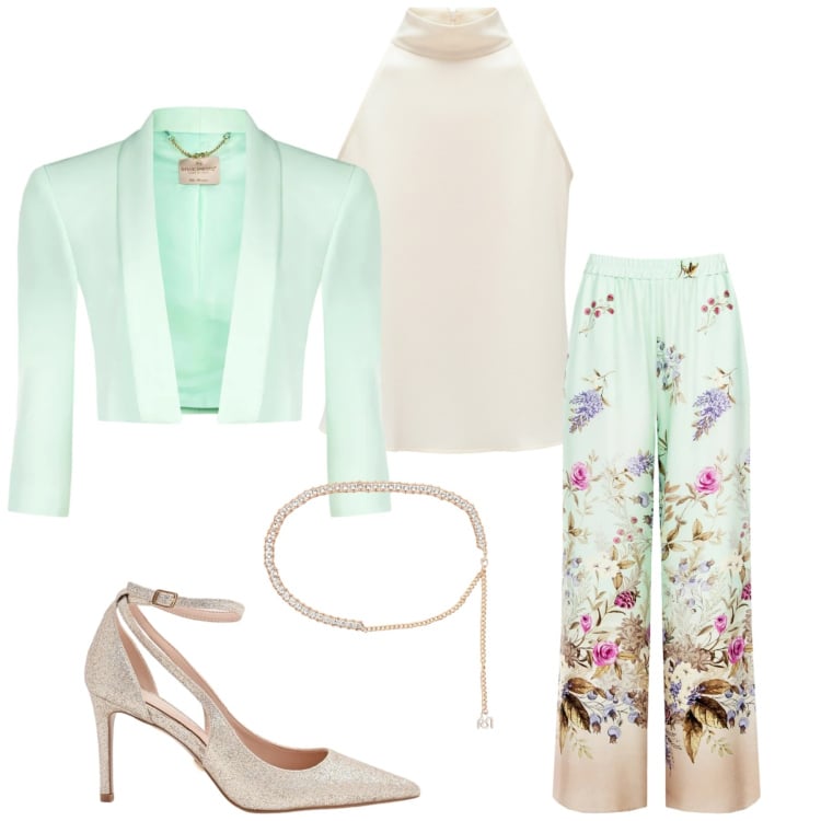 Outfit donna - Total look #2360900. Stile Chic per Cerimonia. Abbinamento con pantaloni a palazzo, décolleté, cinture, top, bolero.