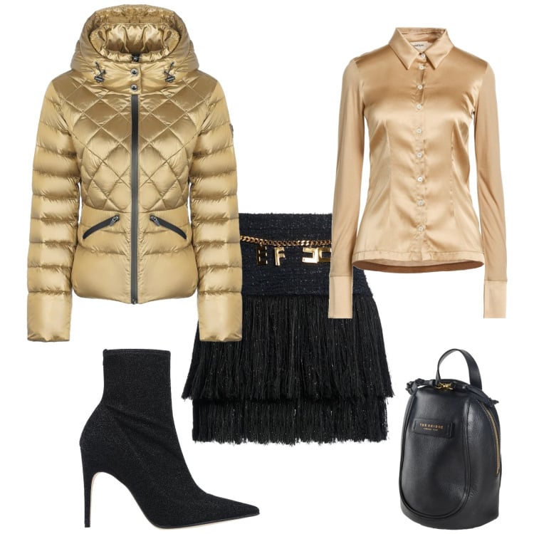 Outfit donna - Chic serata evento speciale. Stile Chic per Serata fuori. Abbinamento con stivaletti, zaini, camicie, minigonne, piumini.