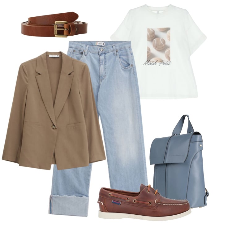 Outfit donna - Boat shoes in trend. Stile Casual per Tutti i giorni. Abbinamento con zaini, mocassini, t-shirt, cinture, jeans dritti, blazer.
