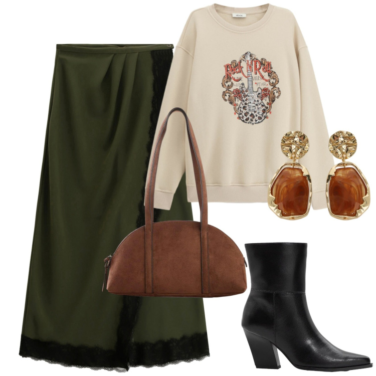 Outfit donna - Total look #2360911. Stile Urban per Tutti i giorni. Abbinamento con stivaletti, borse a tracolla, gonne lunghe, orecchini, felpe.