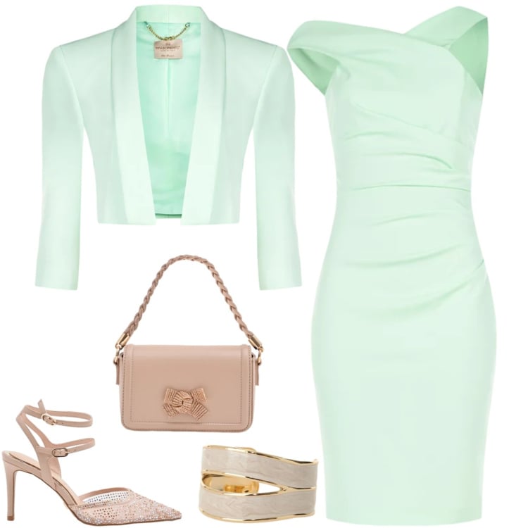 Outfit donna - Total look #2360919. Stile Chic per Cerimonia. Abbinamento con anelli, vestiti asimmetrici, pochette, décolleté, bolero.