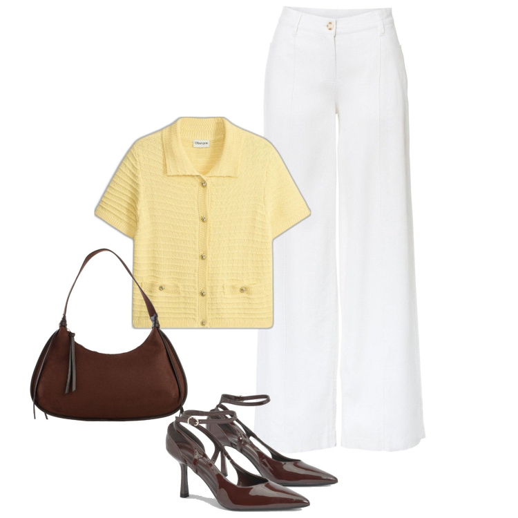 Outfit femme - Mars. Style Bon Ton pour Tous les jours. Assortir avec pulls, pantalon large en bas, sacs en bandoulière, chaussures à talon.
