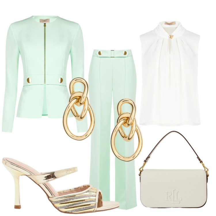 Outfit donna - Cerimonie. Stile Glamour per Cerimonia. Abbinamento con pantaloni, top, blazer, sabot, orecchini, borse a spalla.