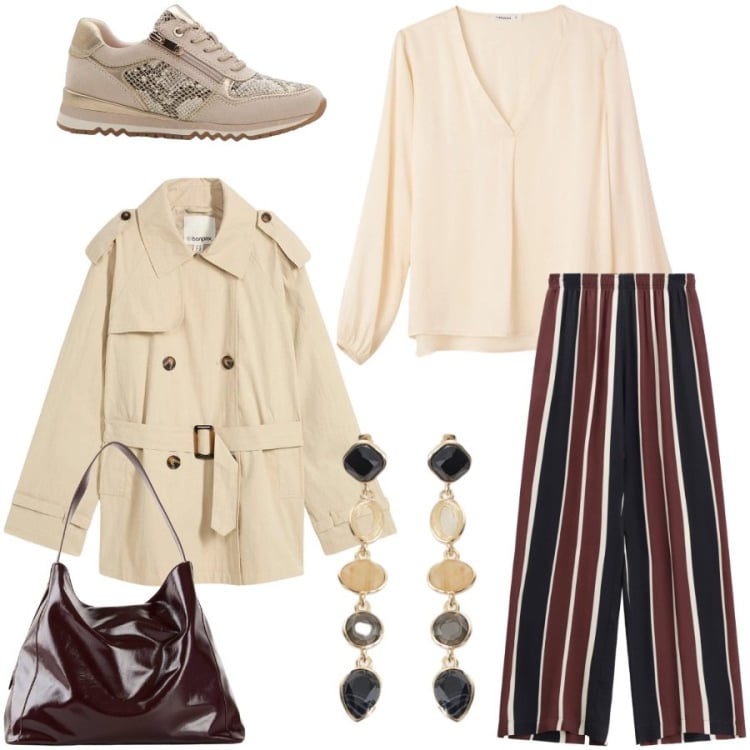 Outfit donna - Outfit cittadino. Stile Casual chic per Tutti i giorni. Abbinamento con trench, shopping bag, sneakers, bluse, pantaloni a palazzo, cappelli con visiera.