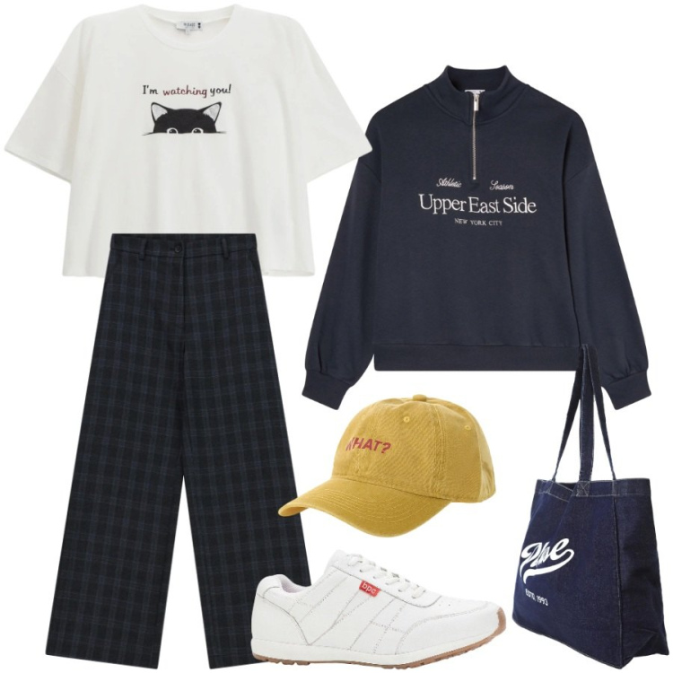Outfit donna - Tempo libero. Stile Casual per Tutti i giorni. Abbinamento con sneakers, pantaloni a palazzo, felpe, cappelli con visiera, t-shirt, shopping bag.