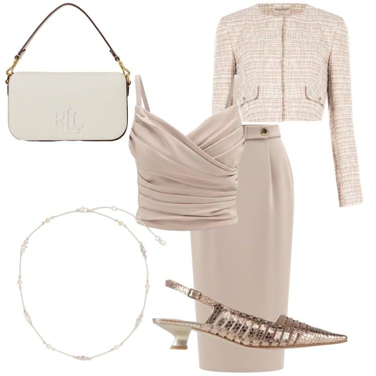 Outfit donna - Terra e luna. Stile Bon Ton per Cerimonia. Abbinamento con décolleté, canottiere, gonne longuette, blazer, borse a spalla, collane.