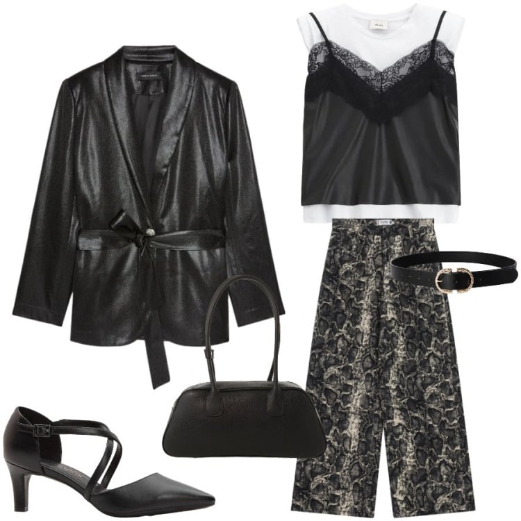 Outfit donna - Trendy di sera. Stile Trendy per Serata fuori. Abbinamento con décolleté, cinture, blazer, top, borse a mano, pantaloni a palazzo.