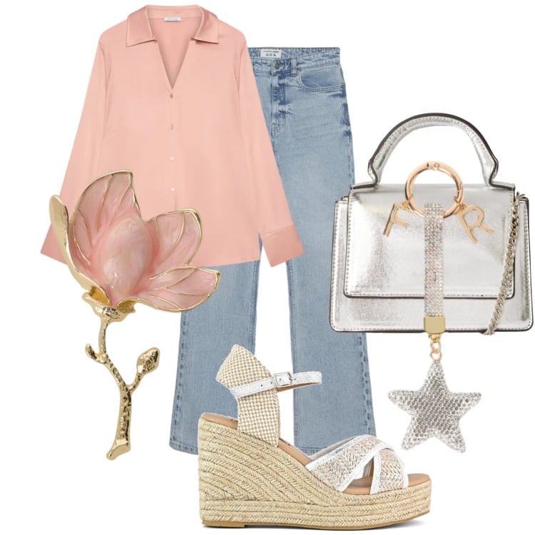 Outfit donna - Fiori di pesco. Stile Romantica per Tutti i giorni. Abbinamento con borse a tracolla, jeans bootcut, camicie, portachiavi, blazer, zeppe.