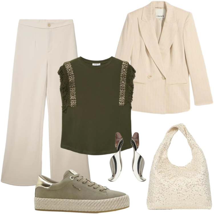 Outfit donna - Total look #2360941. Stile Casual per Tutti i giorni. Abbinamento con blazer, sneakers, pantaloni, borse a spalla, t-shirt, orecchini.