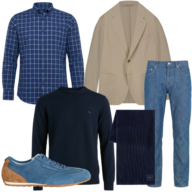 Outfit uomo - L\'energia del blu. Stile Trendy per Tutti i giorni. Abbinamento con sneakers, jeans, sciarpe, pullovers, camicie, giacche.