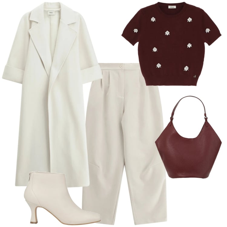 Outfit donna - Casual chic serata evento. Stile Casual chic per Tutti i giorni. Abbinamento con stivaletti, maglieria, pantaloni a palazzo, cappotti, borse a spalla.