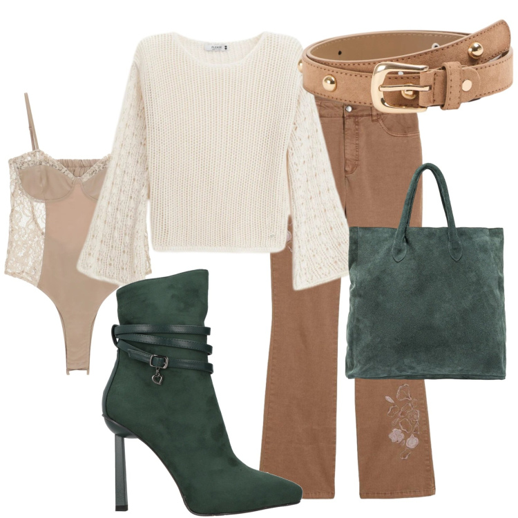 Outfit donna - Stivali meravigliosi. Stile Casual chic per Tutti i giorni. Abbinamento con stivaletti, jeans bootcut, cinture, body, maglieria, borse a mano.