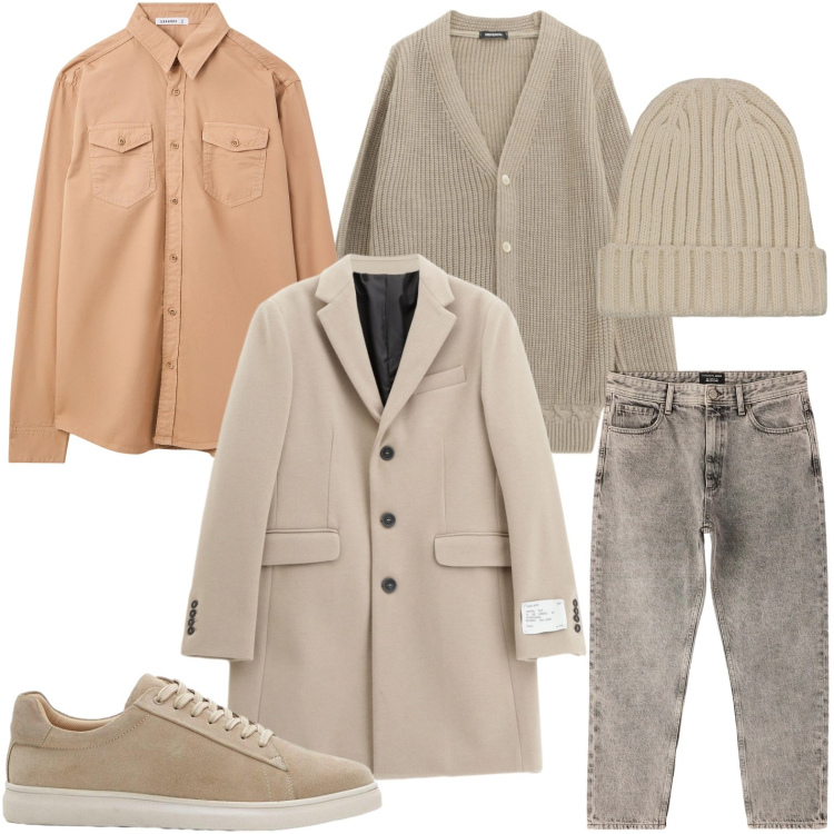 Outfit uomo - Attitudine casual. Stile Trendy per Tutti i giorni. Abbinamento con sneakers, cappotti, cardigans, camicie, jeans dritti, berretti.