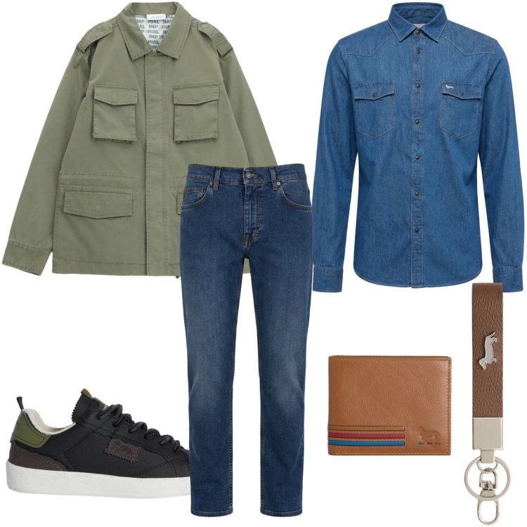 Outfit uomo - Capi iconici. Stile Casual per Tutti i giorni. Abbinamento con portachiavi, sneakers, jeans, camicie, portafogli, cappotti.