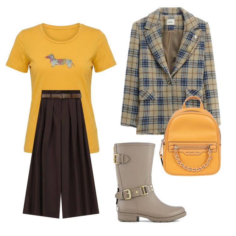Outfit donna - Il sole dentro. Abbinamento con zaini, t-shirt, pantaloni a palazzo, blazer, stivali.
