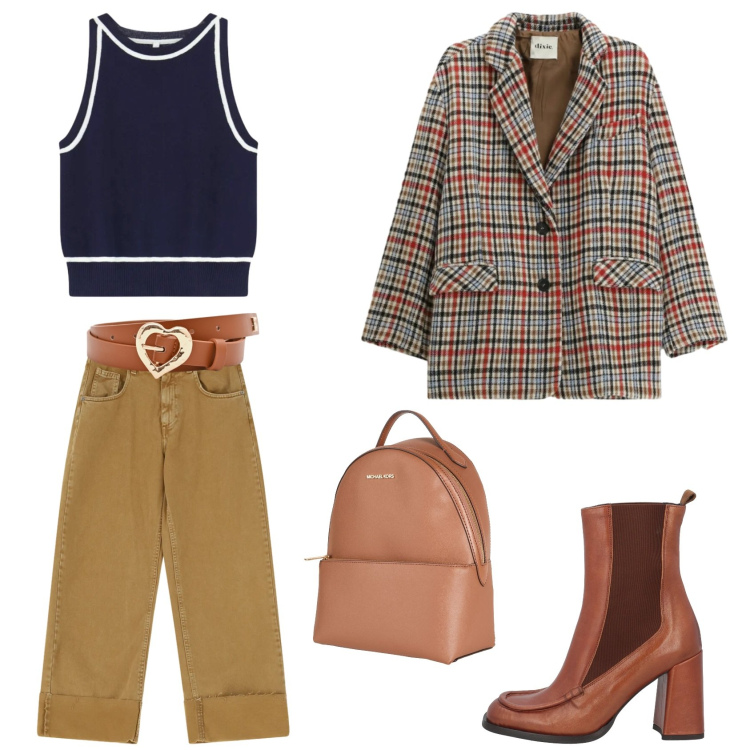 Outfit donna - Boring day. Stile Casual per Tutti i giorni. Abbinamento con zaini, stivaletti chelsea, top, blazer, pantaloni a palazzo, cinture.