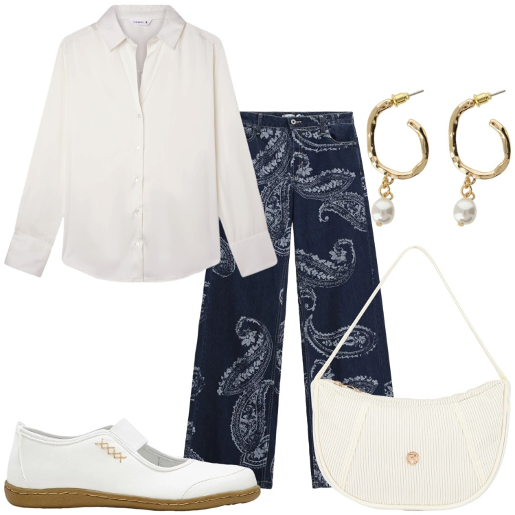 Outfit donna - Aprile che mi metto?. Stile Trendy per Tutti i giorni. Abbinamento con ballerine, camicie, orecchini, borse a mano, jeans.