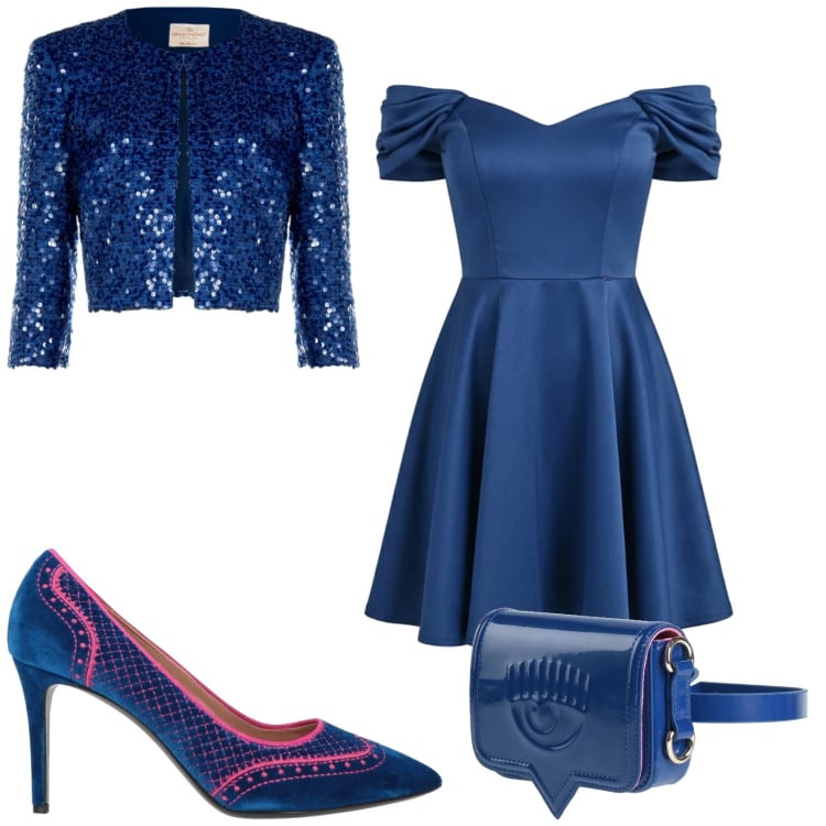 Outfit donna - Blu per una serata. Stile Chic per Serata fuori. Abbinamento con marsupi, décolleté, vestiti corti, bolero.