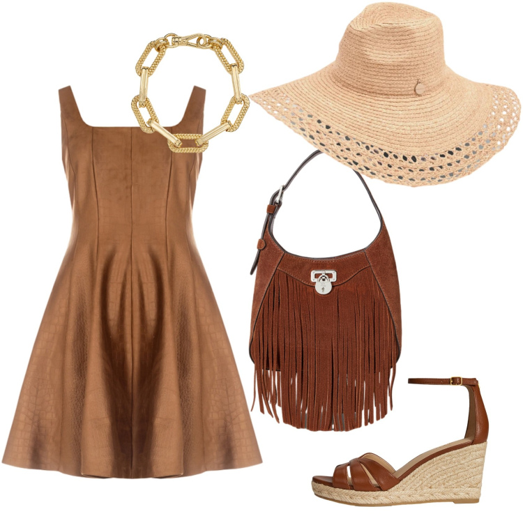 Outfit donna - Gita al lago. Stile Glamour per Tutti i giorni. Abbinamento con vestiti corti, cappelli, braccialetti, borse a tracolla, zeppe.