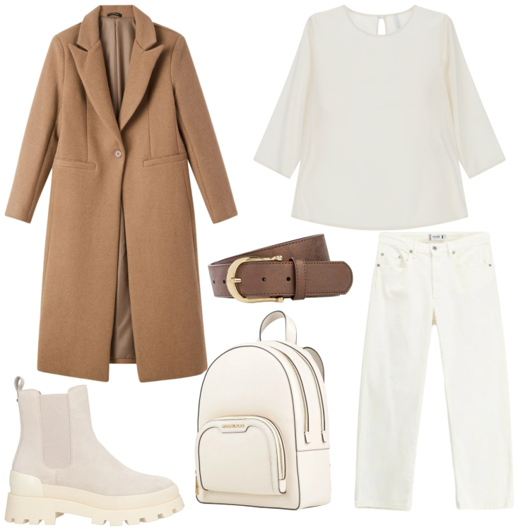 Outfit donna - Giornata comoda. Stile Casual chic per Tutti i giorni. Abbinamento con zaini, stivaletti chelsea, cinture, bluse, cappotti, pantaloni.