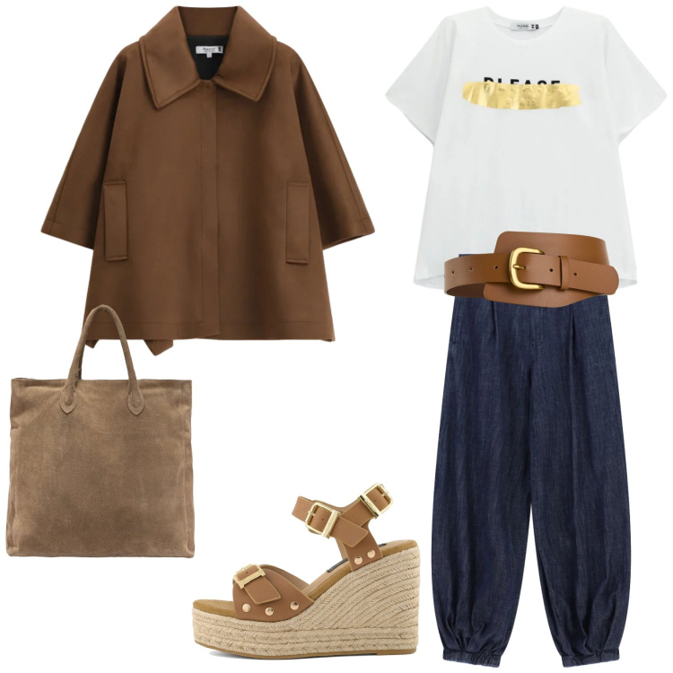 Outfit donna - Primavera alle porte. Stile Glamour per Tutti i giorni. Abbinamento con cinture, jeans, t-shirt, cappotti, zeppe, borse a mano.