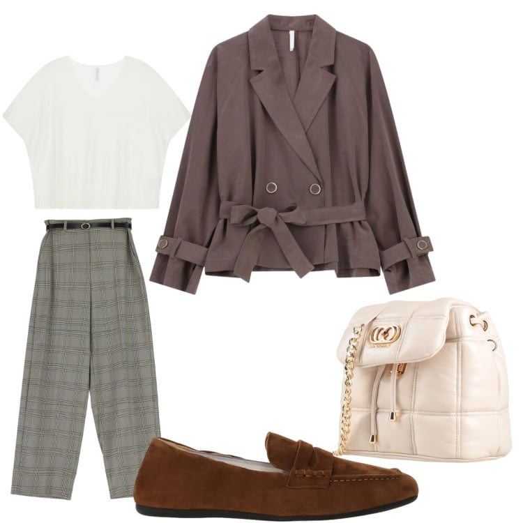 Outfit donna - Nocciolina. Stile Basic per Ufficio. Abbinamento con valigie, pantaloni a palazzo, blazer, top, mocassini.
