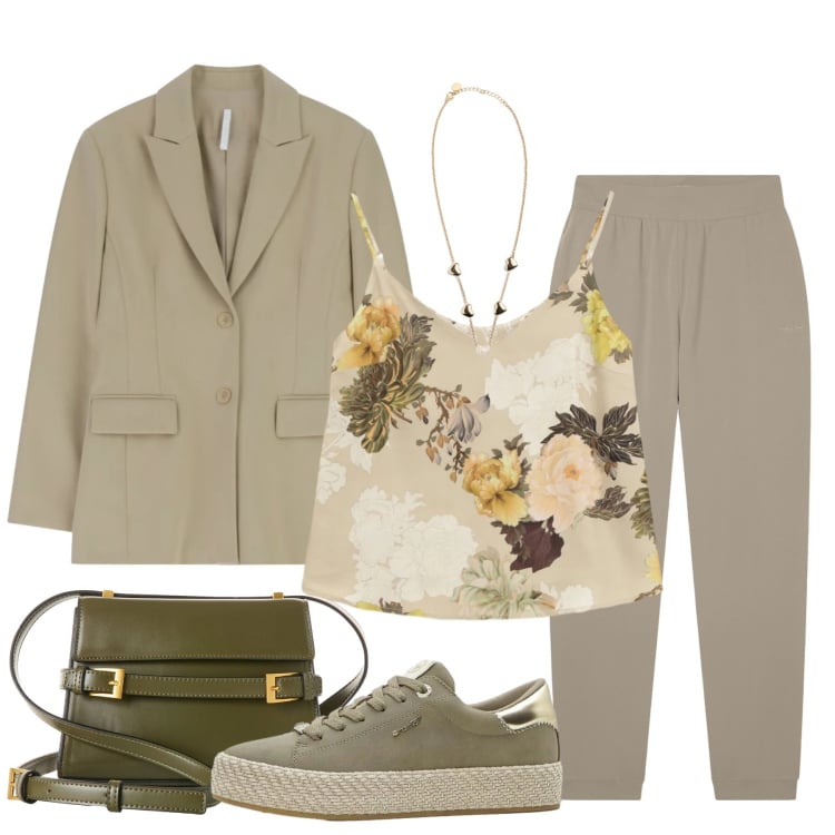 Outfit donna - Tocco floreale. Stile Casual chic per Tutti i giorni. Abbinamento con borse a tracolla, sneakers, top, blazer, collane, pantaloni.