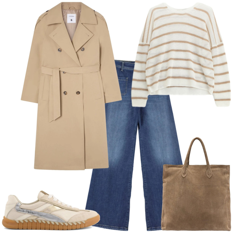 Outfit donna - Il trench in primavera. Stile Urban per Tutti i giorni. Abbinamento con trench, maglieria, jeans, sneakers, borse a mano.