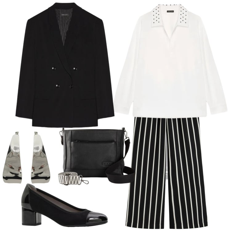 Outfit donna - Il pantalone a righe. Stile Mannish per Ufficio. Abbinamento con borse a tracolla, pantaloni, décolleté, camicie, blazer, orecchini.