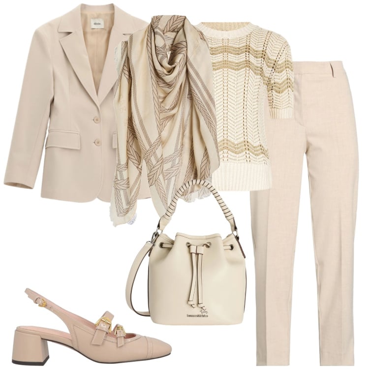 Outfit donna - City. Stile Urban per Tutti i giorni. Abbinamento con pantaloni, sciarpe, décolleté, borse a secchiello, blazer, t-shirt.