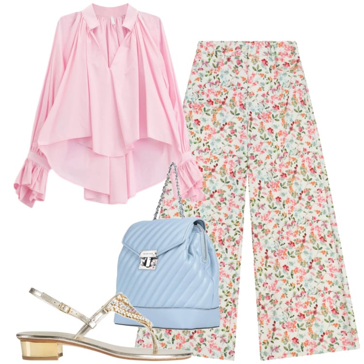 Outfit donna - Fresh. Stile Romantica per Tutti i giorni. Abbinamento con infradito, zaini, pantaloni a palazzo, camicie.
