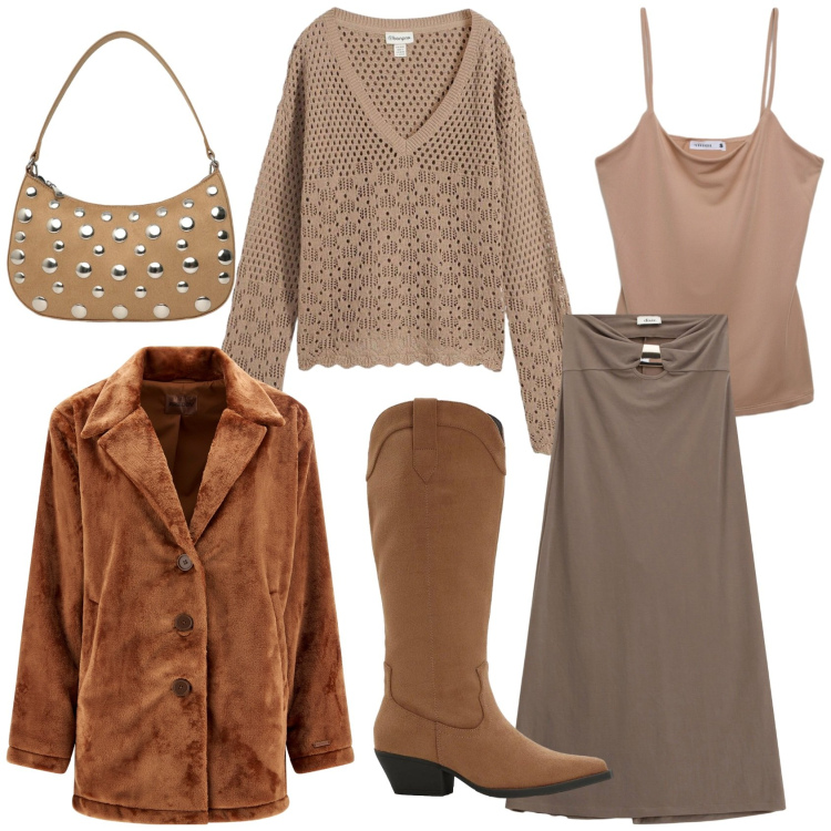 Outfit donna - Total look per inizio primavera. Stile Boho per Tutti i giorni. Abbinamento con maglieria, stivali, canottiere, borse a tracolla, gonne lunghe, cappotti.