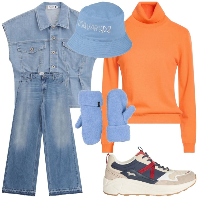 Outfit donna - Inizio di primavera. Stile Boho per Tutti i giorni. Abbinamento con cappelli, maglieria, guanti, sneakers, gilet, jeans.