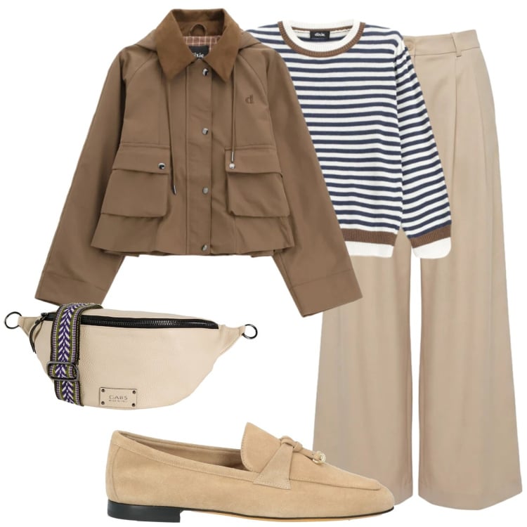 Outfit donna - Domenica mattina colazione al bar. Stile Casual chic per Tutti i giorni. Abbinamento con marsupi, mocassini, pantaloni, parka, maglieria.