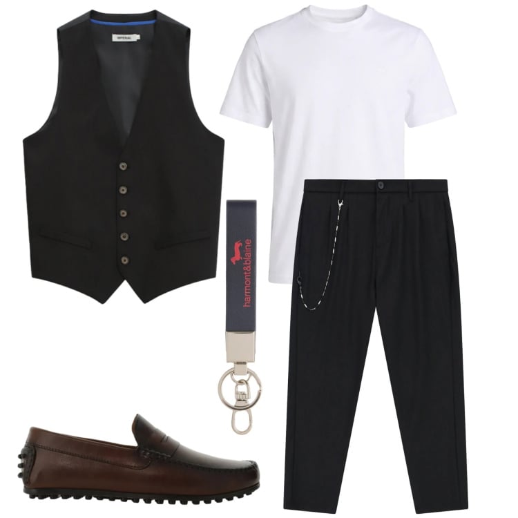 Outfit uomo - Total look #2360988. Stile Trendy per Tutti i giorni. Abbinamento con portachiavi, t-shirt, pantaloni, gilet, scarpe stringate.