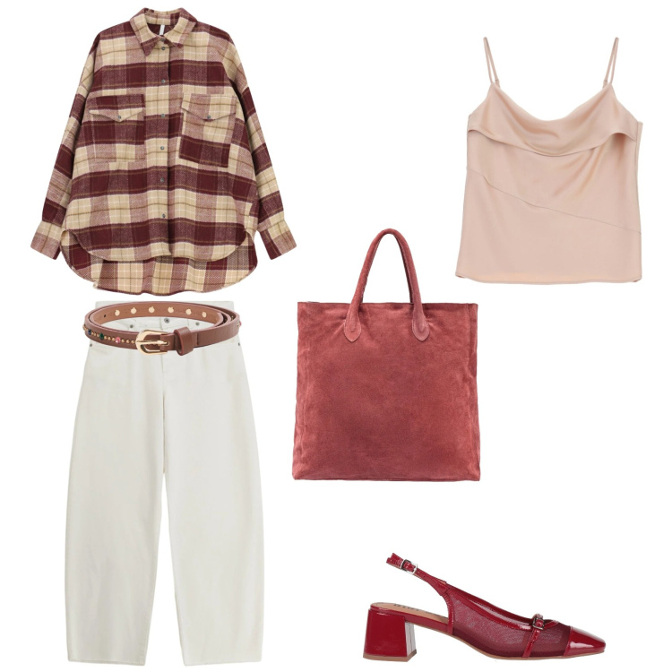 Outfit donna - Borgogna. Stile Casual per Tutti i giorni. Abbinamento con décolleté, camicie, canottiere, cinture, jeans, borse a mano.