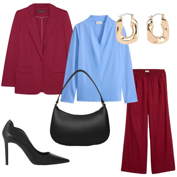 Outfit donna - Un look da ufficio dai colori decisi. Stile Chic per Ufficio. Abbinamento con pantaloni a palazzo, bluse, orecchini, borse a tracolla, blazer, décolleté.