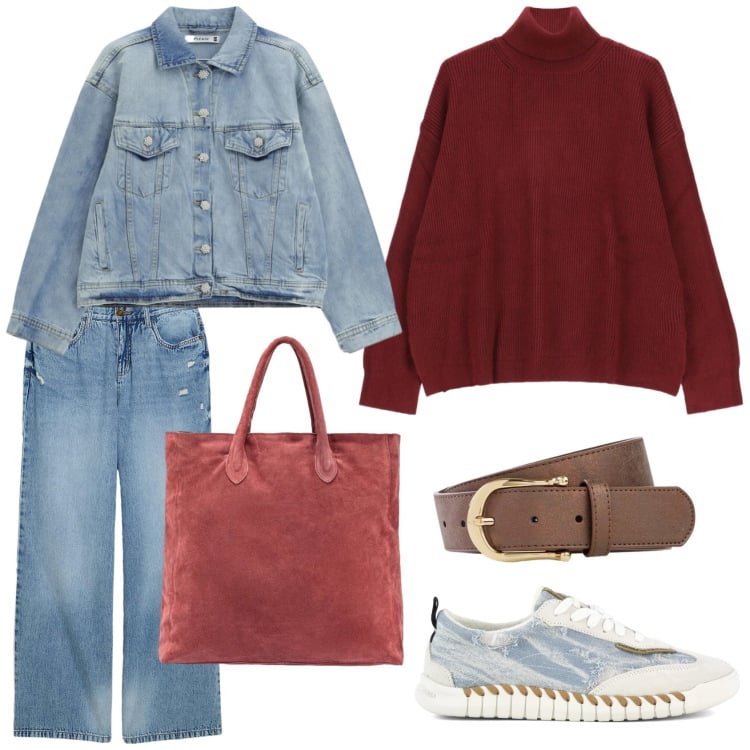 Outfit donna - Celeste e bordeaux. Stile Casual per Tutti i giorni. Abbinamento con jeans, cinture, maglieria, blazer, sneakers, borse a mano.