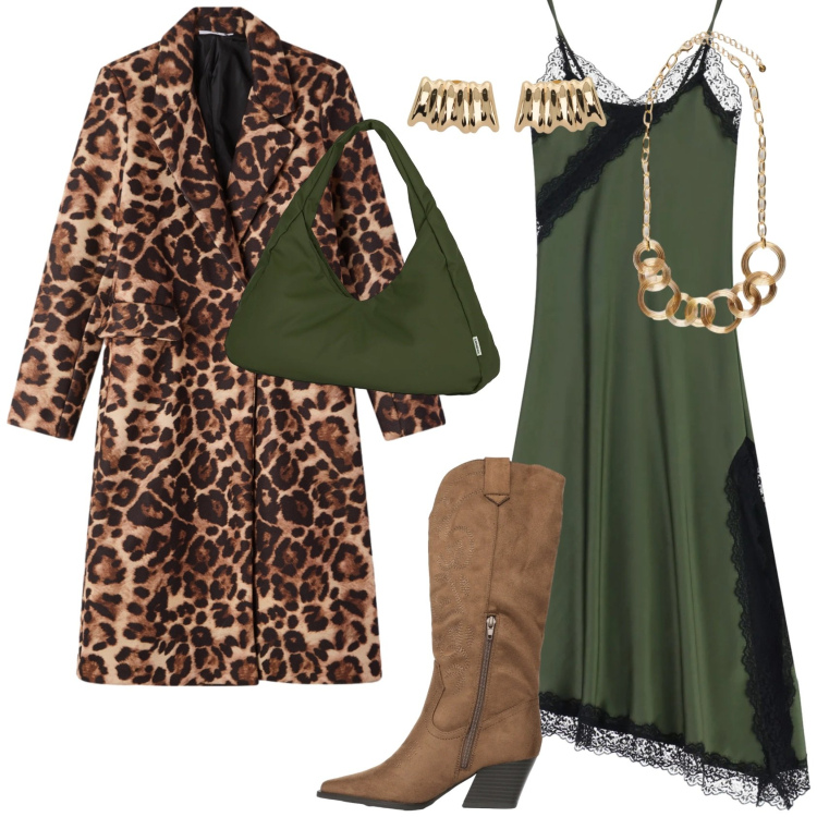 Outfit donna - Un look di carattere. Stile Trendy per Serata fuori. Abbinamento con stivali, cappotti, vestiti asimmetrici, collane, orecchini, borse a spalla.