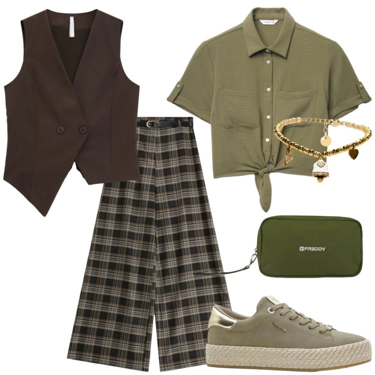 Outfit donna - Sfumature di verde. Stile Urban per Tutti i giorni. Abbinamento con sneakers, camicie a manica corta, pantaloni a palazzo, gilet, valigie, braccialetti.