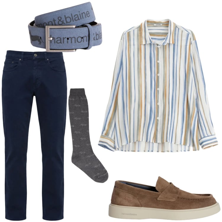 Outfit uomo - Trendy e elegante. Stile Trendy per Serata speciale. Abbinamento con scarpe stringate, cinture, calzini, pantaloni, camicie.