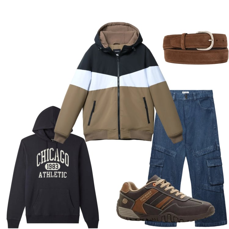 Outfit uomo - Weekend fuori porta. Stile Casual per Tutti i giorni. Abbinamento con sneakers, piumini, felpe con cappuccio, jeans, cinture.