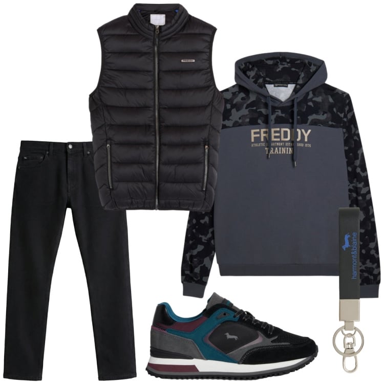 Outfit uomo - Per un weekend all\'aria aperta. Stile Trendy per Tutti i giorni. Abbinamento con jeans, sneakers, portachiavi, piumini, felpe con cappuccio.