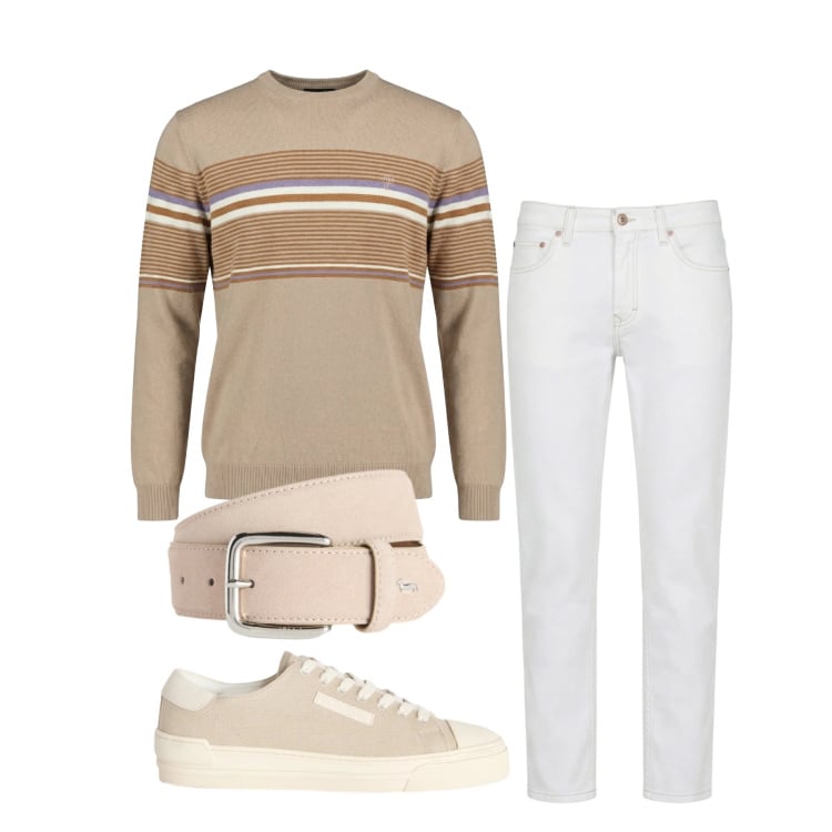 Outfit uomo - Marzo. Stile Trendy per Tutti i giorni. Abbinamento con sneakers, jeans, maglieria, cinture.