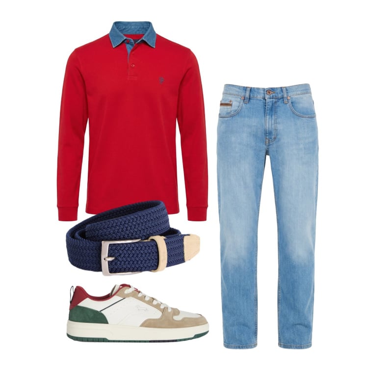 Outfit uomo - Marzo. Stile Trendy per Tutti i giorni. Abbinamento con jeans, polo, sneakers, cinture.