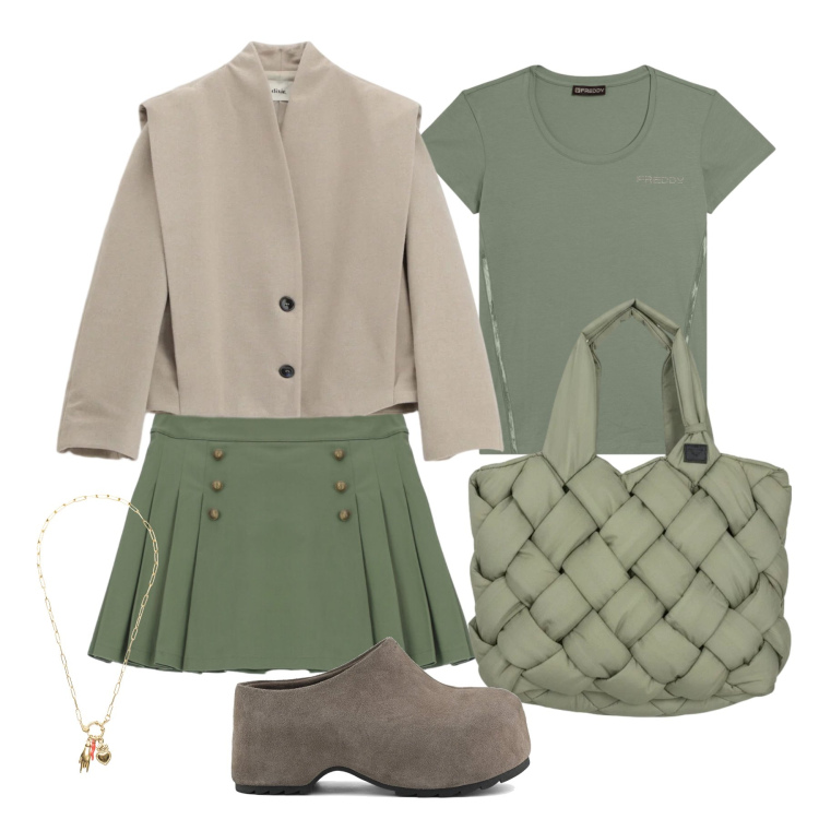 Outfit donna - Marzo. Stile Trendy per Tutti i giorni. Abbinamento con blazer, ciondoli, t-shirt, minigonne, borse tote, zoccoli.